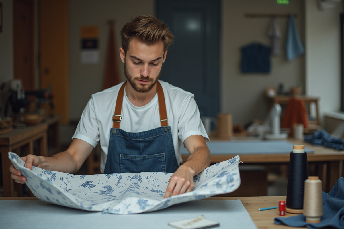 Jeune homme comparant tissu imprimé avec tablette en atelier