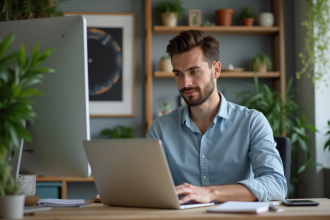 Jeune homme concentr&eacute; travaillant sur son ordinateur dans un bureau moderne