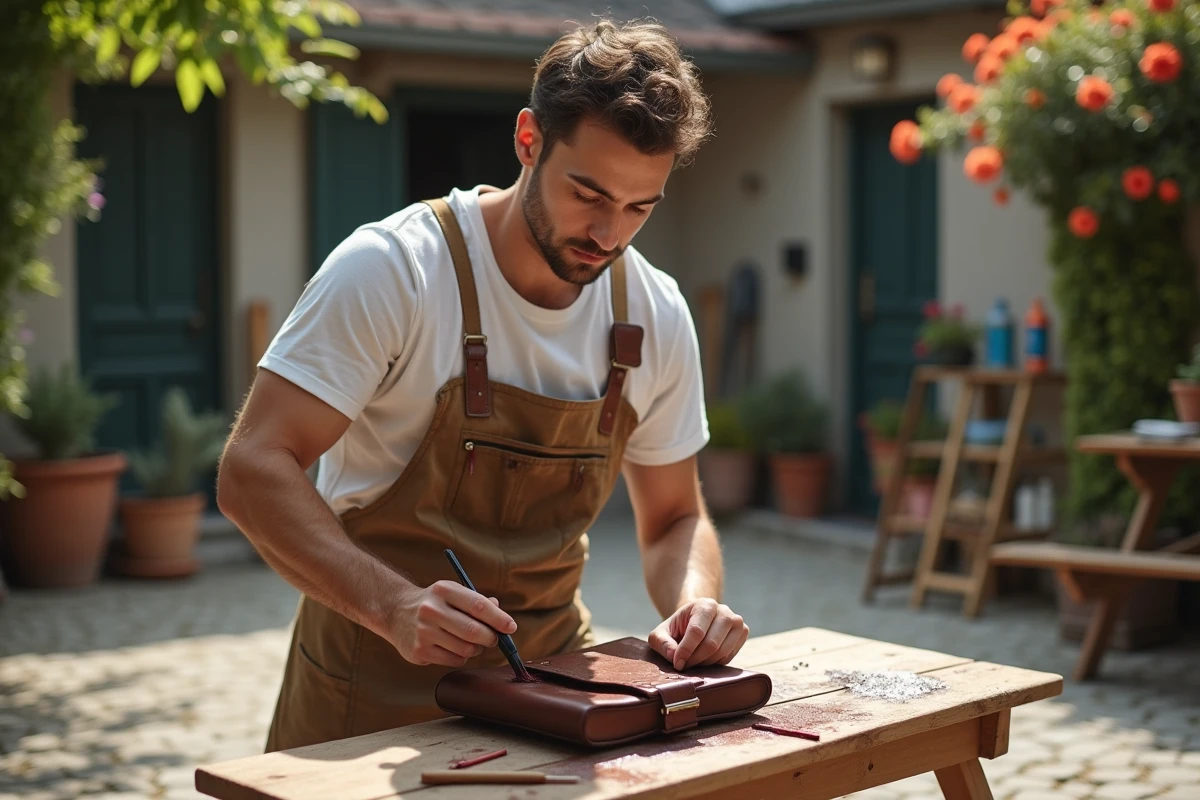 Jeune homme teintant un sac en cuir lors d’un atelier extérieur