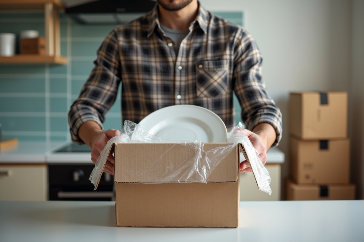Jeune homme plaçant une assiette emballée dans une boîte de déménagement