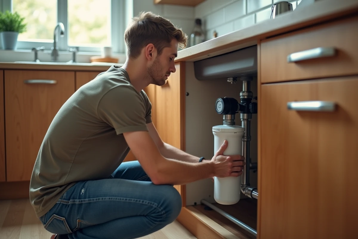 Jeune homme installant un filtre sous l