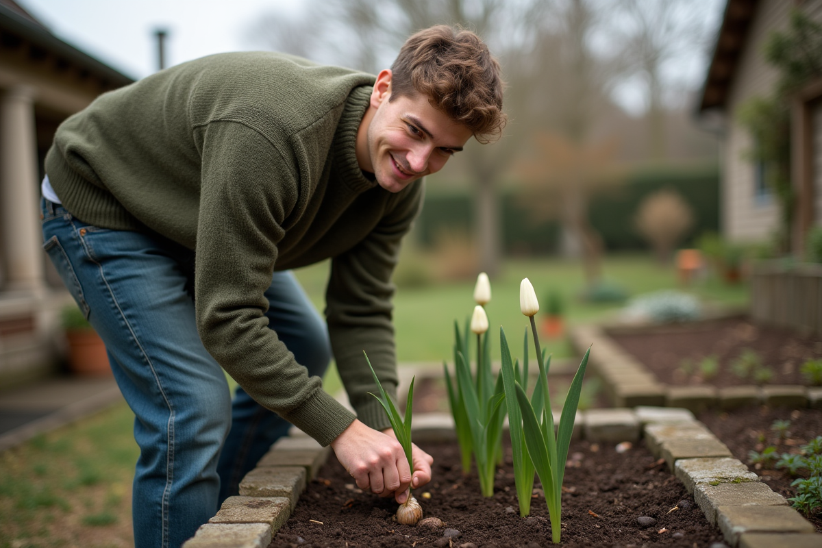 Jeune homme plantant un lys dans un jardin en plein air
