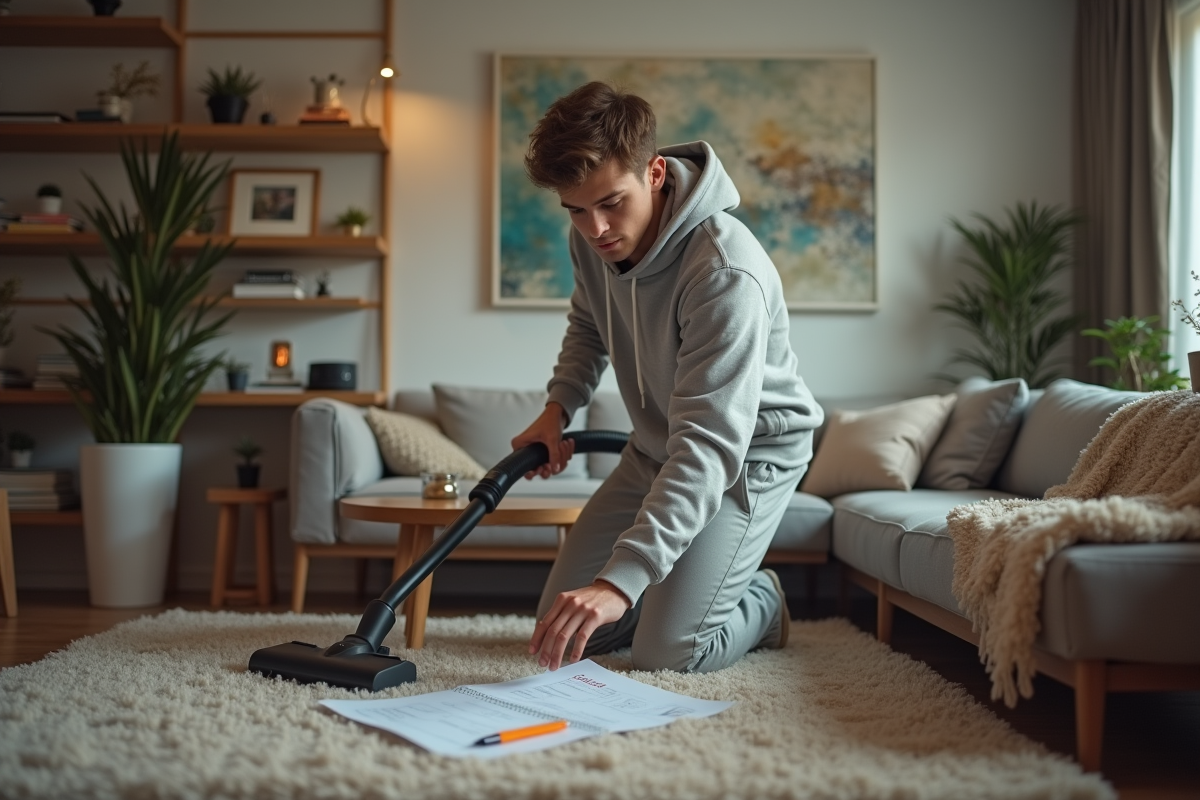 Jeune homme aspirant dans un salon cosy