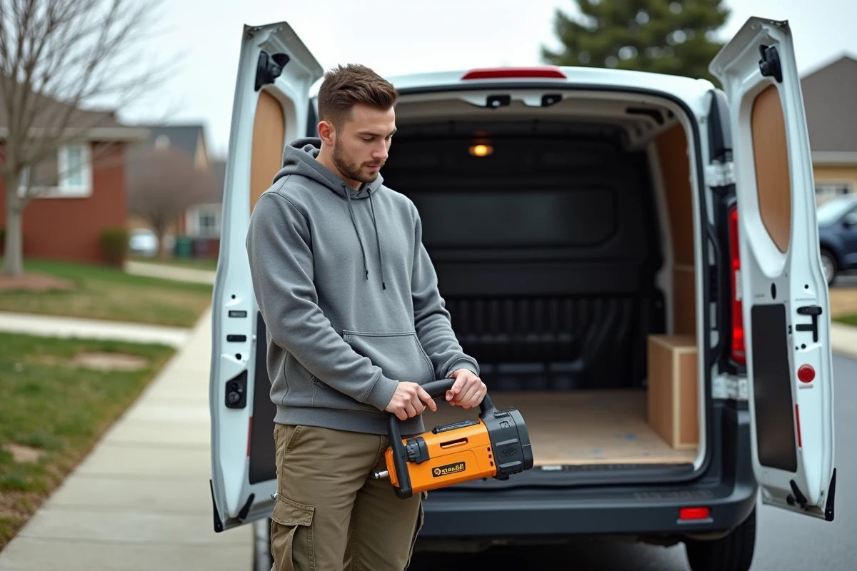 Jeune homme chargeant une scie dans une camionnette de location