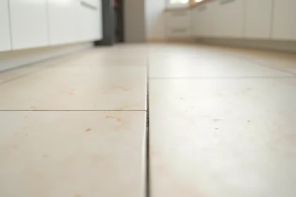 Joint de dilatation invisible entre carreaux de grès cérame grand format dans une cuisine moderne