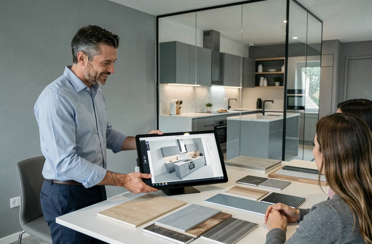 Julien Floch, cuisiniste du Finistère, présentant un projet de cuisine sur tablette lors d'une consultation client