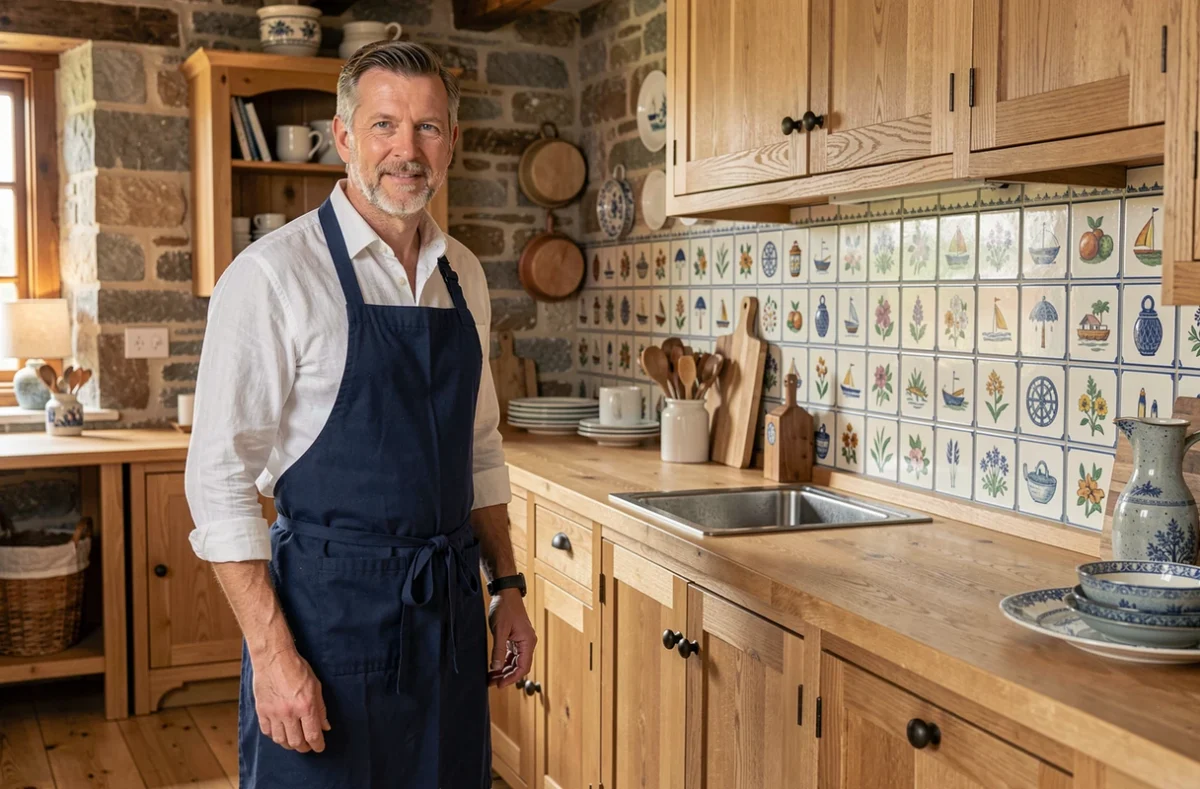Cuisiniste Keribin présentant une cuisine artisanale en bois massif dans son showroom du Finistère