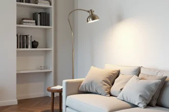 Lampe halogène sur pied à arc en nickel brossé dans un salon scandinave moderne avec parquet en chêne et canapé gris