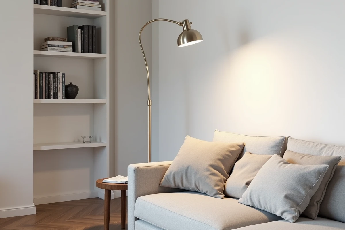 Lampe halogène sur pied à arc en nickel brossé dans un salon scandinave moderne avec parquet en chêne et canapé gris