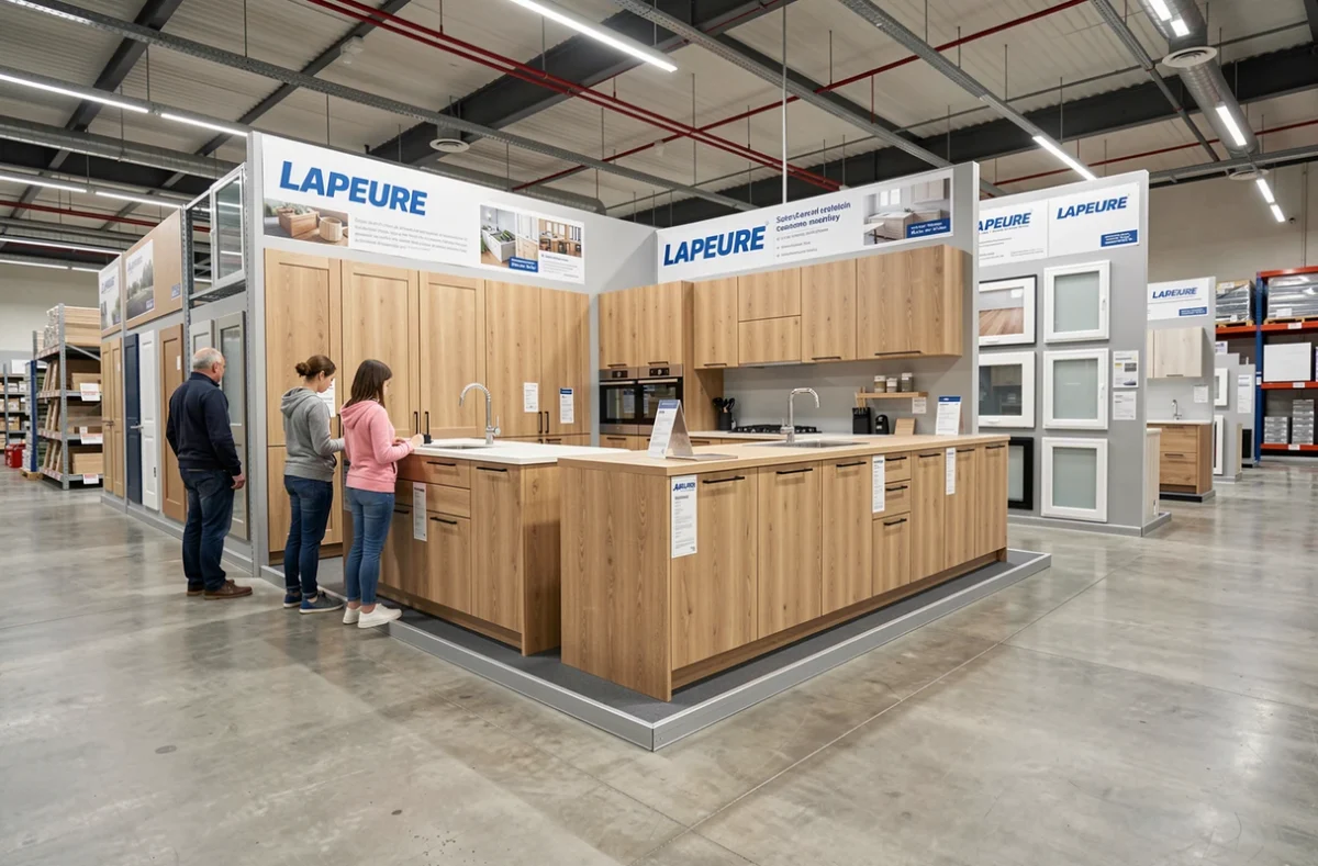 Rayon cuisines et menuiseries Lapeyre dans le Loiret avec exposition de modèles en chêne naturel et portes intérieures
