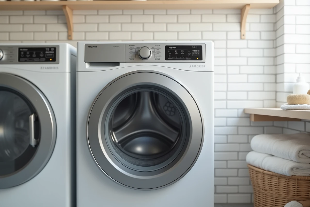 Lave-linge Whirlpool 6th Sense 9 kg avec panneau de commande digital dans une buanderie moderne et lumineuse