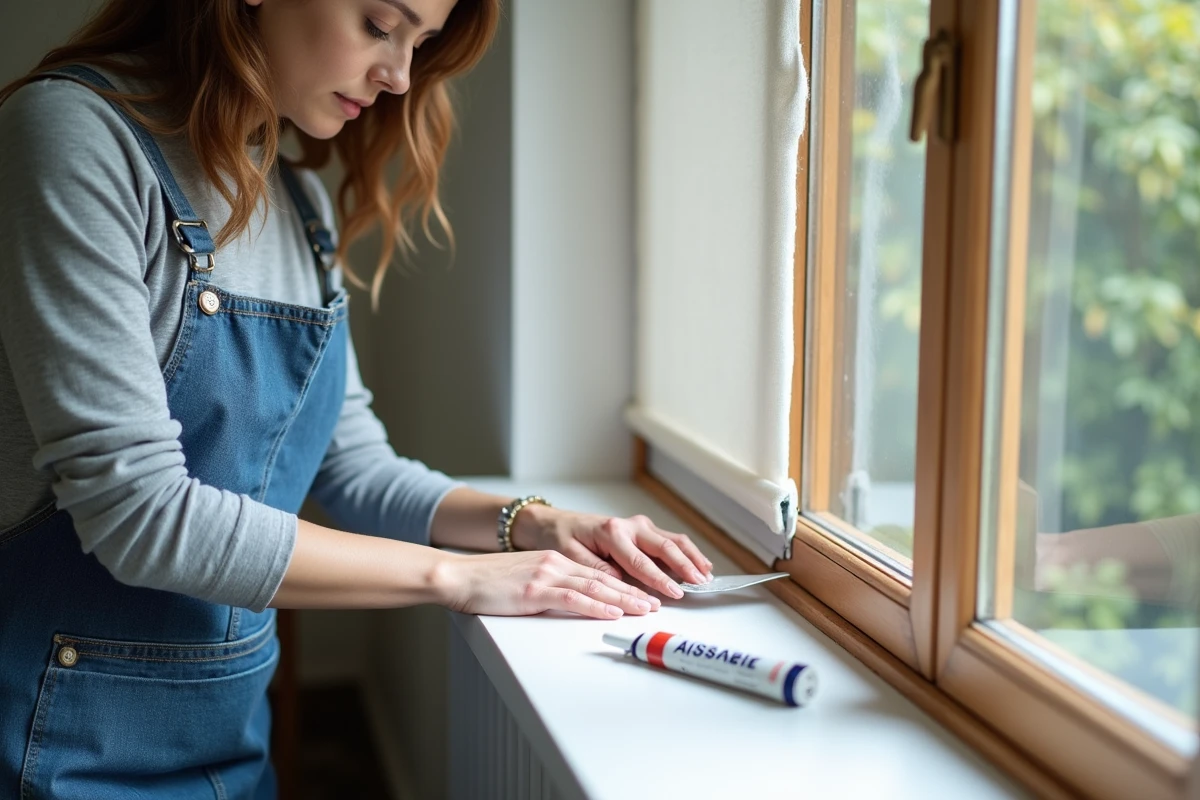 Femme lissant un joint acrylique sur un encadrement de fenêtre avant application de la peinture murale