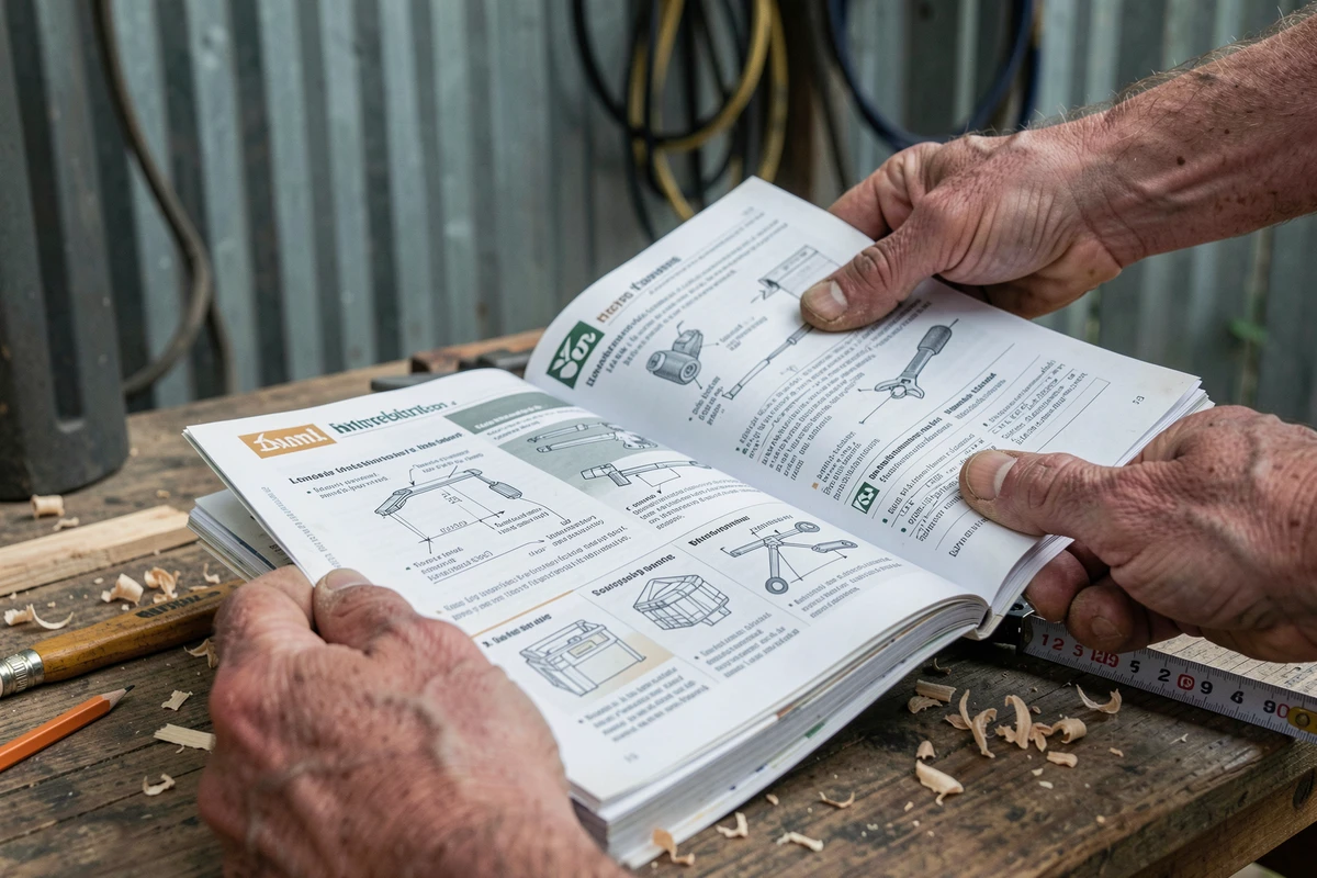 Gros plan sur des mains de bricoleur tenant un magazine de bricolage ouvert avec des guides d'outils