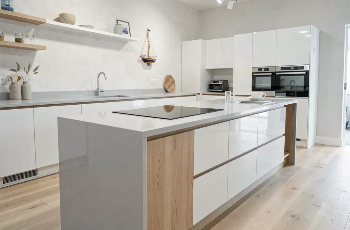 Cuisine scandinave blanche et bois exposée dans le showroom Masl dans le Finistère