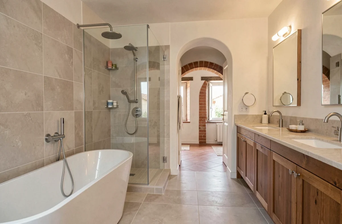 Vue d'ensemble d'une belle salle de bain rénovée dans le Gard avec douche à l'italienne, baignoire et mobilier moderne