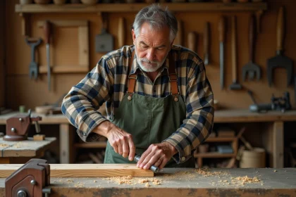 Menuisier expérimenté travaillant une mortaise dans une planche de chêne brut avec un ciseau à bois dans un atelier artisanal