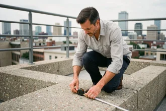 Architecte mesurant les dimensions d'une dalle de terrasse en béton avec un mètre ruban métallique sur un toit urbain