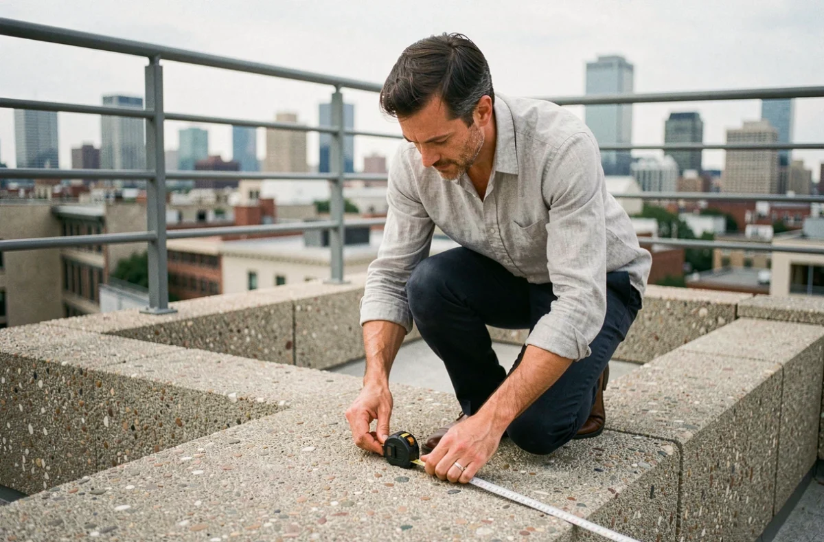 Architecte mesurant les dimensions d'une dalle de terrasse en béton avec un mètre ruban métallique sur un toit urbain