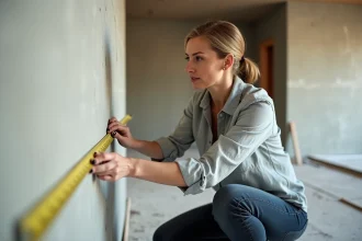 Femme mesurant la surface d'un mur avec un mètre ruban dans une pièce en rénovation