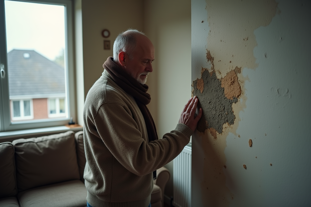 Homme d'âge moyen examinant la moisissure sur un mur intérieur
