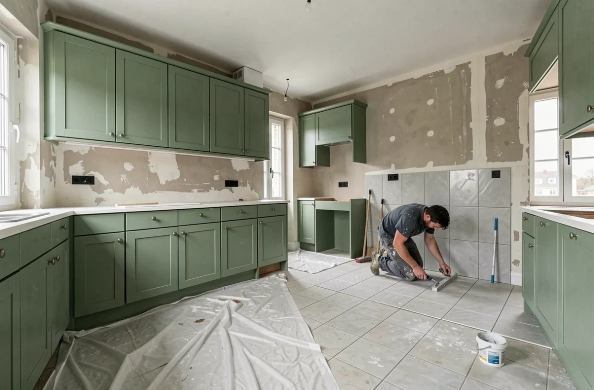Chantier de rénovation de cuisine par Murs et Matières avec pose de carrelage et installation de meubles vert sauge