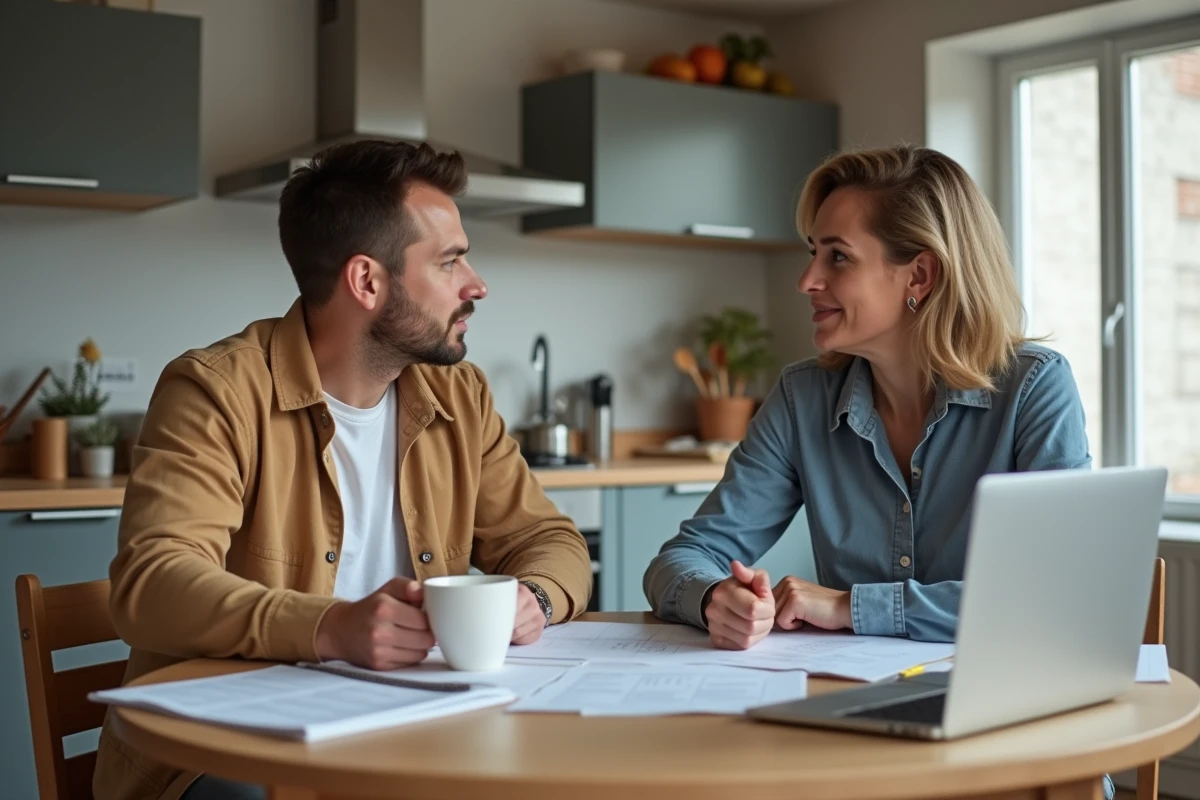 Employeur et femme de ménage discutant du prix horaire autour d'une table dans une maison française