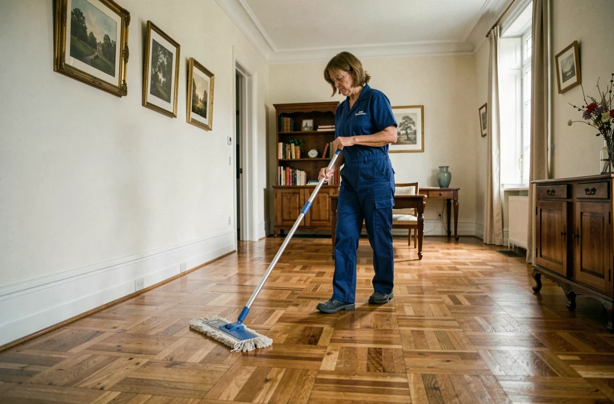 Professionnelle de ménage lavant le parquet d'un appartement lorrain à Sarreguemines