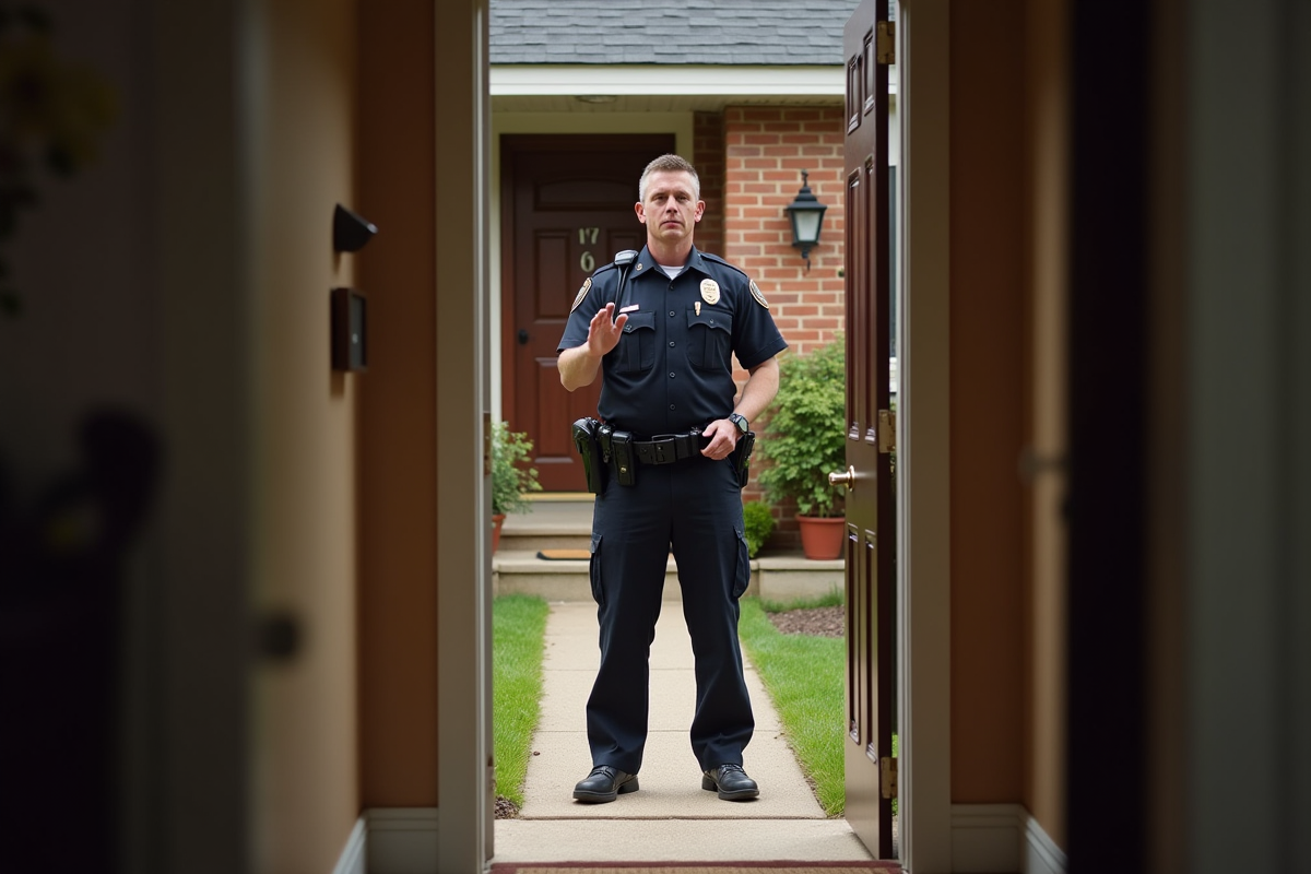 Policier dehors devant une maison de banlieue