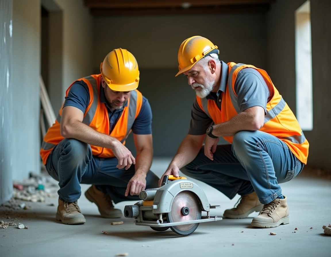 Deux ouvriers du bâtiment discutant d'un problème technique sur une scie circulaire Erbauer sur chantier