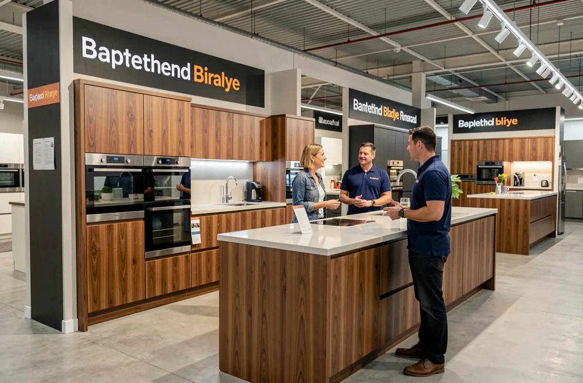 Showroom Ozeo Cuisines à Orléans avec un conseiller présentant un modèle de cuisine en noyer à un couple