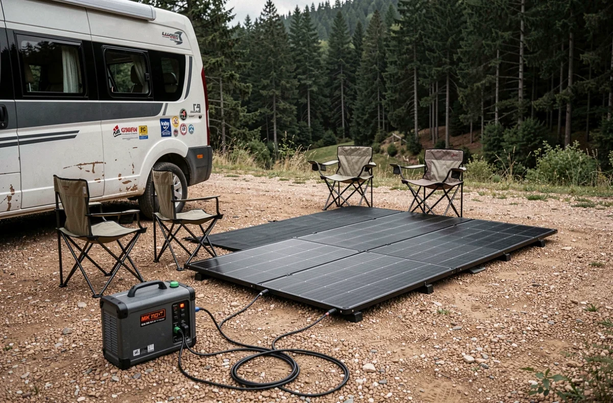 Panneau solaire portable 150W connecté à une station d'énergie portable sur un camping en forêt