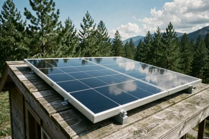 Panneau solaire 150W installé sur le toit d'un chalet en bois en montagne avec ciel bleu