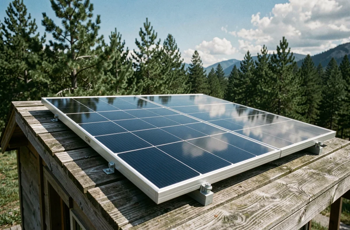 Panneau solaire 150W installé sur le toit d'un chalet en bois en montagne avec ciel bleu