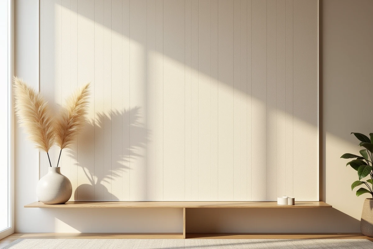 Papier peint beige texturé à motif géométrique en relief dans un salon haut de gamme avec console en chêne