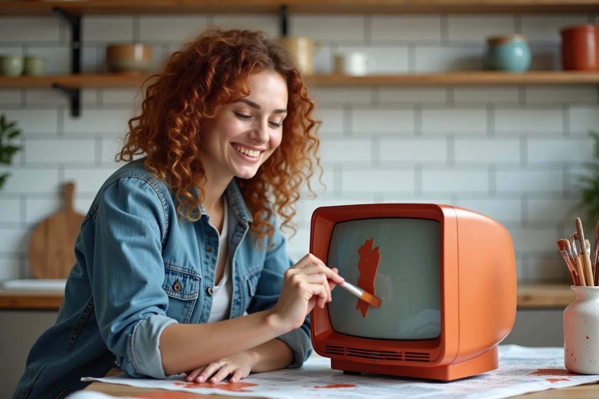 Femme appliquant de la peinture craie terracotta sur le boîtier d'un vieux téléviseur rétro posé sur une table de cuisine
