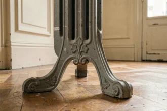 Pied de radiateur en fonte ancien avec motifs floraux posé sur un parquet en bois usé dans un appartement haussmannien