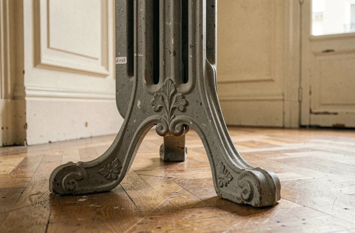 Pied de radiateur en fonte ancien avec motifs floraux posé sur un parquet en bois usé dans un appartement haussmannien