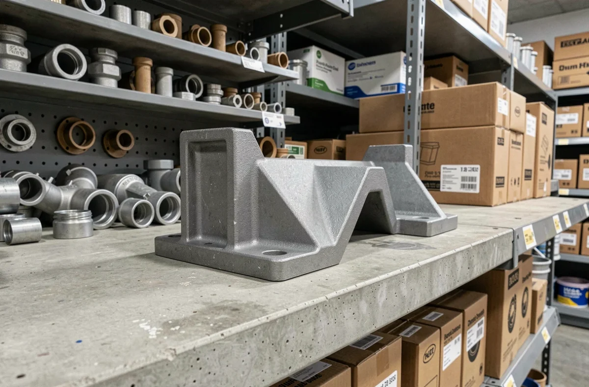 Pied de radiateur en fonte brute exposé sur une étagère dans un magasin de matériaux de plomberie