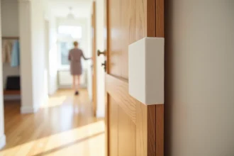 Pince doigt en mousse blanche installée sur le bord charnière d'une porte intérieure en bois dans un couloir domestique moderne