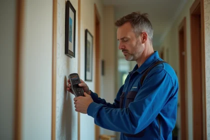 Plombier homme avec détecteur de tuyaux dans un appartement