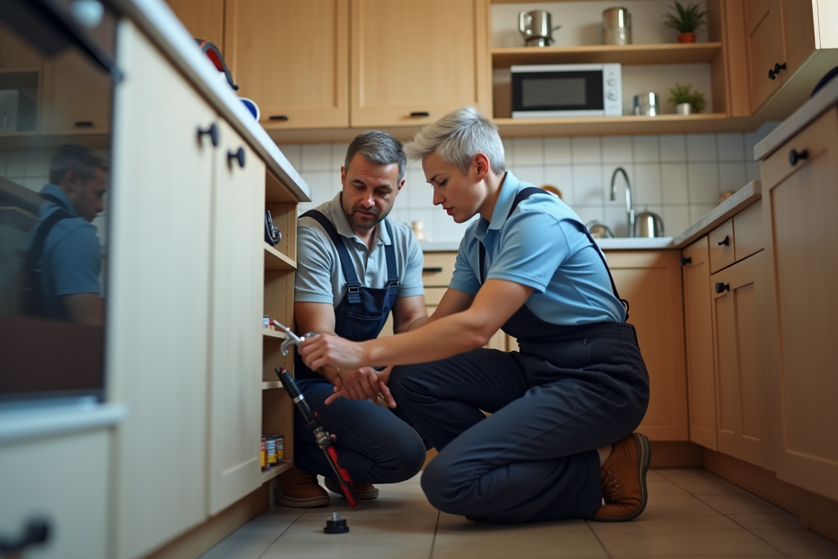 Jeune femme plombier inspectant des tuyaux dans une cuisine moderne