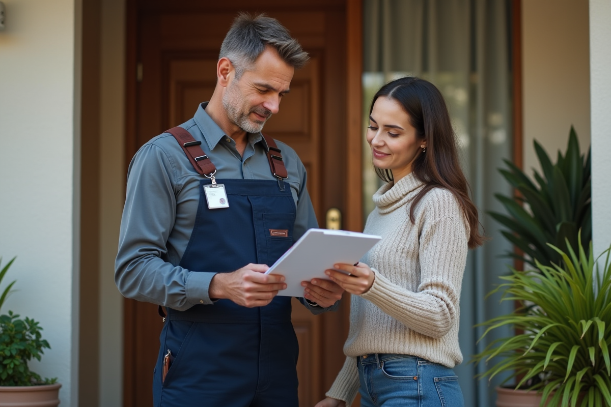 Plombier homme montrant sa carte d'identite a une femme devant une maison
