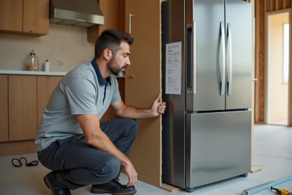 Installateur lisant l'étiquette de poids d'un frigo encastrable encore emballé dans une cuisine en rénovation