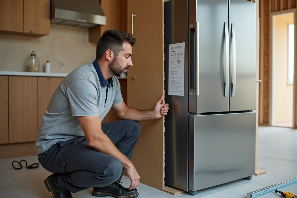 Installateur lisant l'étiquette de poids d'un frigo encastrable encore emballé dans une cuisine en rénovation