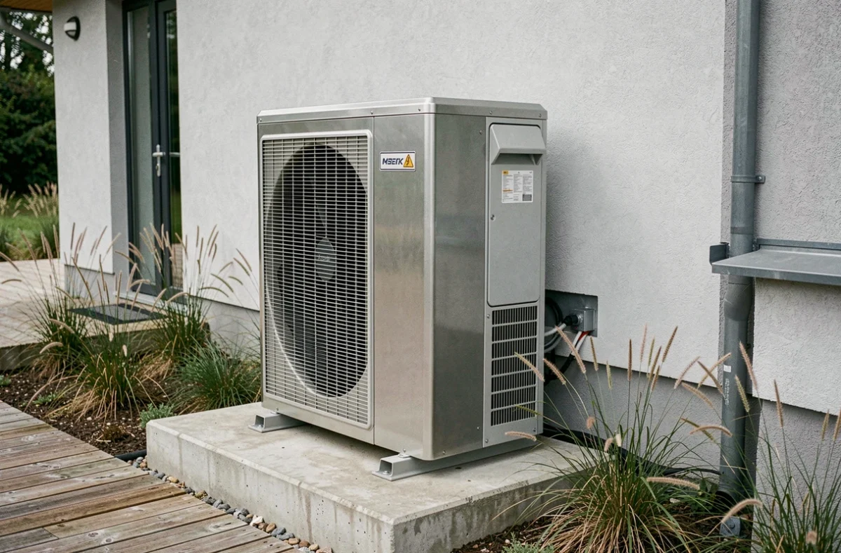 Pompe à chaleur air-air installée en extérieur sur dalle béton contre une façade de maison moderne