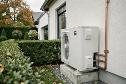 Pompe à chaleur extérieure installée sur la façade d'une maison moderne avec jardin en automne