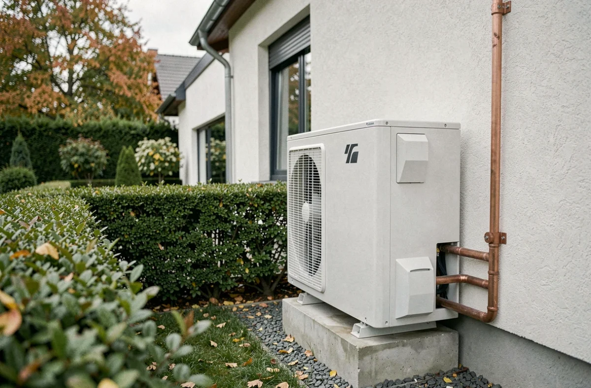 Pompe à chaleur extérieure installée sur la façade d'une maison moderne avec jardin en automne