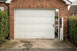 Porte de garage sectionnelle blanche standard installée sur un garage étroit en briques, vue depuis l'allée extérieure