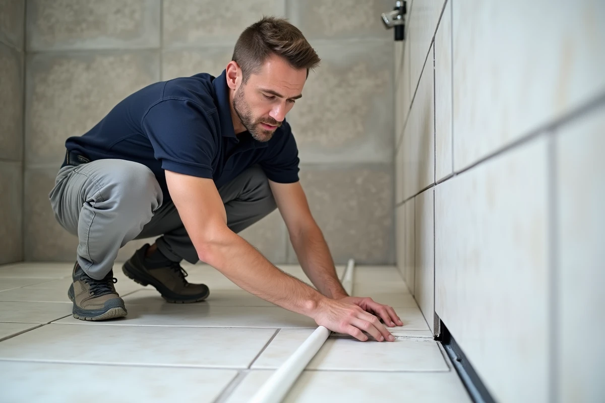 Carreleur professionnel appliquant un joint de dilatation silicone invisible en pied de mur dans une salle de bain en r&eacute;novation