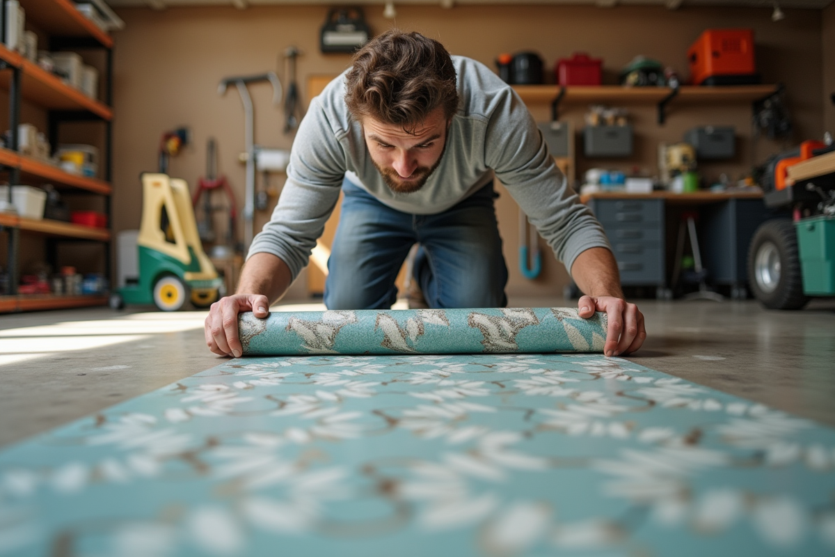 Jeune homme posant du linoleum dans un garage lumineux